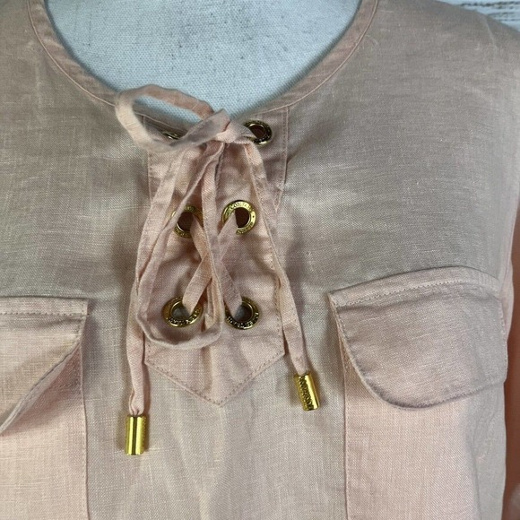 Ellen Tracy Company Tunic Blouse Large Peach Linen Sailor Beach Modest Church - Picture 5 of 13